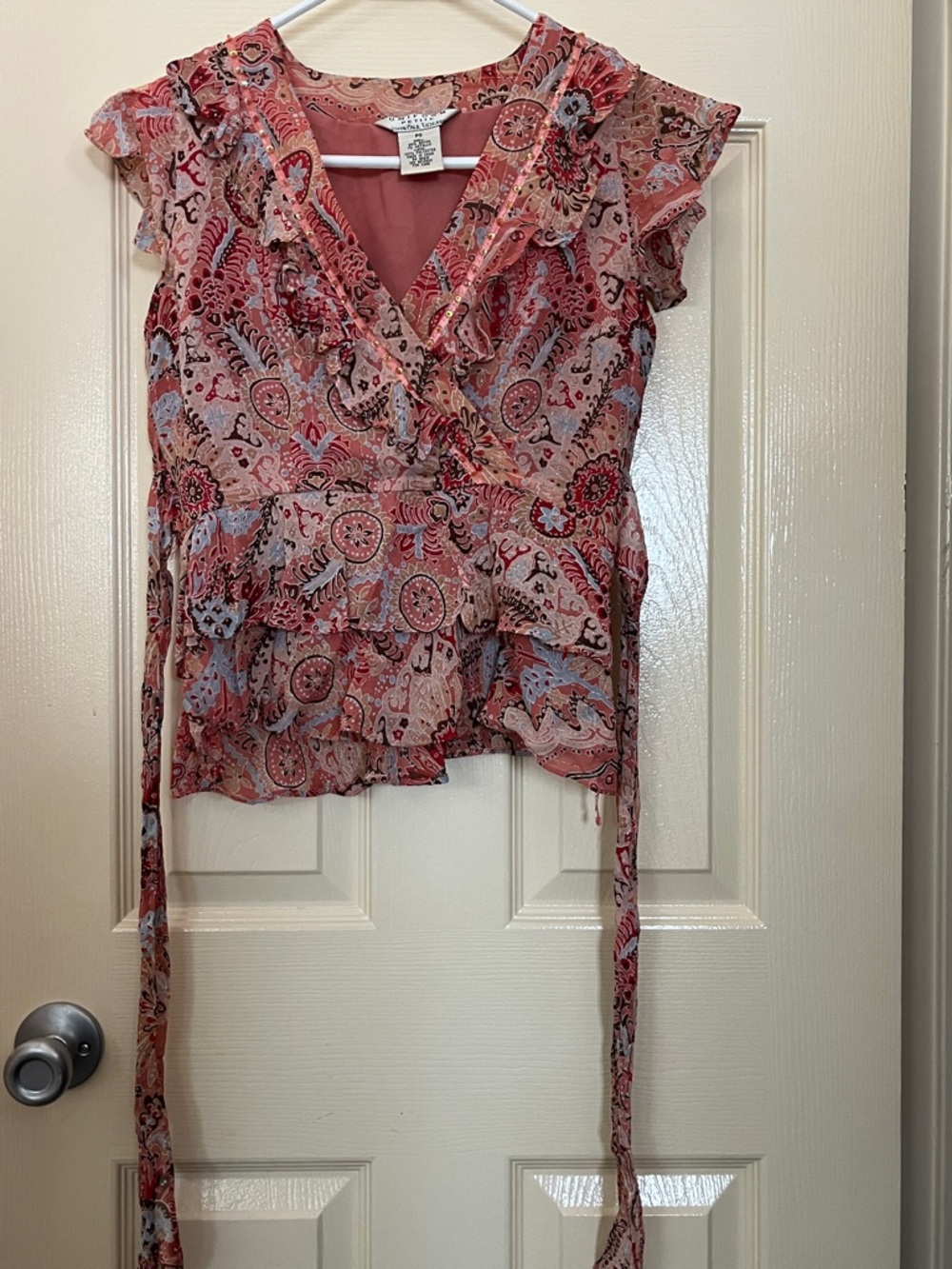 Uniform Petite - Coral-Pink Paisley Ruffle Wrap Blouse